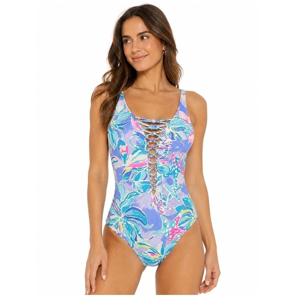 Lilly Pulitzer Isle Lattice One Piece Swimsuit Tropical Starfish Blue 8 Lace Up